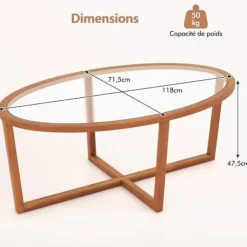 COSTWAY Oval Glastabel, Behold i Gummitræ, Krydset Base, Moderne Tabel 118cm, til Stue Hjem Kontor, Brun Brun
