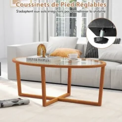 COSTWAY Oval Glastabel, Behold i Gummitræ, Krydset Base, Moderne Tabel 118cm, til Stue Hjem Kontor, Brun Brun