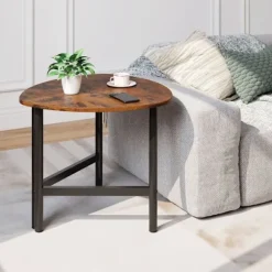 COSTWAY Oval Salong Bord, Metalben, Træ Triangulært Sidebord til Stue, Kontor, Værelse, Belastning 60 kg, Brun Rustik brun och svart