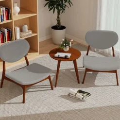 COSTWAY 3-Personers Stue Ensemble - Sidesoftbord med 2 Polstrede Stole i Lambswool Stof, Moderne Træramme Grå