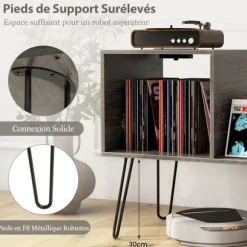 COSTWAY pladeafspiller-lagerenhed, 2 stikkontakter og 2 USB-porte, aftagelige skillevægge, op til 145 albums, grå Grå