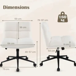 COSTWAY polstret kontorstol på hjul uden armlæn, justerbar sædehøjde 49-57 cm, beige
