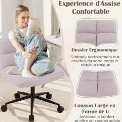 COSTWAY Polstret Kontorstol med Hjul Uden Armlæn, Justerbar Siddehøjde 49-57 cm, Grå
