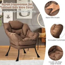 COSTWAY Polstret Lænestol Moderne i Polyesterstof - Metalramme - Armlæn og Sidelomme i Brun