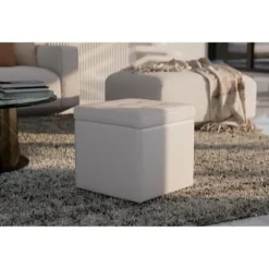 COSTWAY Puff Opbevaringsskammel Sæde -64 L- 40 x 40 x 40CM i Sort PU Pladsbesparende Maks. belastning 150KG Beige