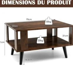 COSTWAY rektangulært sofabord med 2 etager, 70 x 50 x 41 CM, sidebord med skridsikre fødder, industriel stil, brun