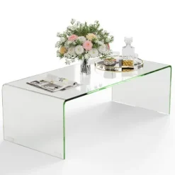 COSTWAY rektangulært sofabord af hærdet glas, 108x50x35 CM, U-formet stuebord med glatte afrundede kanter Belastning 30 kg