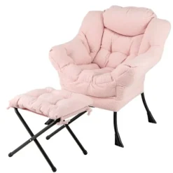 COSTWAY Relax Lænestol-Sammenfoldelig fodstøtte-Hovedpude-Blødt sæde-Armlæn-Opbevaringslomme-Metalramme-Belastning 150 kg-Pink