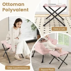 COSTWAY Relax Lænestol-Sammenfoldelig fodstøtte-Hovedpude-Blødt sæde-Armlæn-Opbevaringslomme-Metalramme-Belastning 150 kg-Pink