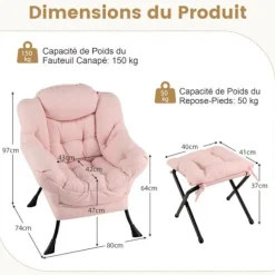COSTWAY Relax Lænestol-Sammenfoldelig fodstøtte-Hovedpude-Blødt sæde-Armlæn-Opbevaringslomme-Metalramme-Belastning 150 kg-Pink
