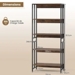 COSTWAY Reol med 5 Hylder 157 cm, Justerbare og Vippbare Hylder, Industriel Opbevaringsreol, Rustik Brun Rustik brun