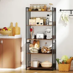 COSTWAY Reol med 5 Hylder 157 cm, Justerbare og Vippbare Hylder, Industriel Opbevaringsreol, Rustik Brun Rustik brun
