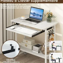 COSTWAY Rullende Computerbord 80x50x78cm, med Utrækkelig Tastaturhylde, 3 Krog, Opbevaringshylde, Hvid