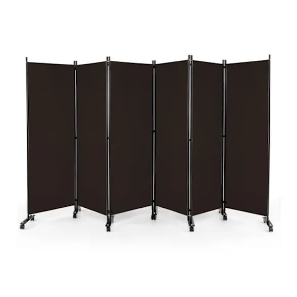 COSTWAY rulleskærm - 6 aftagelige foldepaneler 334,5 x 172 cm (L x H) Rumdeler, Beskyt privatlivets fred, Brun