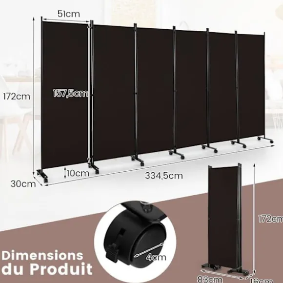COSTWAY rulleskærm - 6 aftagelige foldepaneler 334,5 x 172 cm (L x H) Rumdeler, Beskyt privatlivets fred, Brun