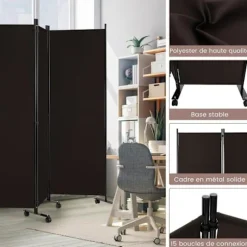 COSTWAY rulleskærm - 6 aftagelige foldepaneler 334,5 x 172 cm (L x H) Rumdeler, Beskyt privatlivets fred, Brun