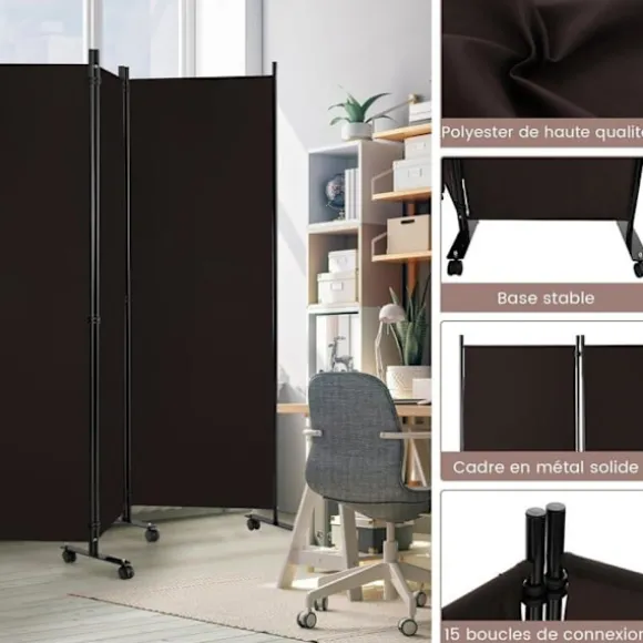 COSTWAY rulleskærm - 6 aftagelige foldepaneler 334,5 x 172 cm (L x H) Rumdeler, Beskyt privatlivets fred, Brun
