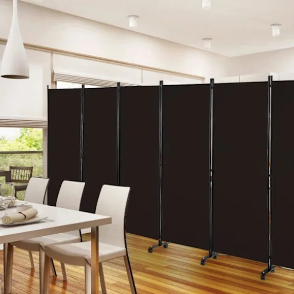 COSTWAY rulleskærm - 6 aftagelige foldepaneler 334,5 x 172 cm (L x H) Rumdeler, Beskyt privatlivets fred, Brun