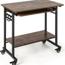 COSTWAY Rullevogn til computeren 80x50x78cm, med udtrækbar tastaturhylde, 3 kroge, opbevaringshylde, rustik brun Rustik brun