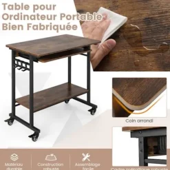 COSTWAY Rullevogn til computeren 80x50x78cm, med udtrækbar tastaturhylde, 3 kroge, opbevaringshylde, rustik brun Rustik brun