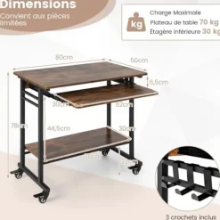 COSTWAY Rullevogn til computeren 80x50x78cm, med udtrækbar tastaturhylde, 3 kroge, opbevaringshylde, rustik brun Rustik brun