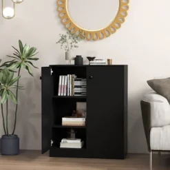 COSTWAY Rummøbel med 2 Døre, Hylde med 3 Niveauer, Kippesikring, til Stue, Køkken, Indgang Sort