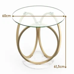 COSTWAY Rund Lav bord, Glasplade, Geometrisk Metalramme i Guld, Stuebord til Kontor Værelse, 60x 60 x61,5 cm
