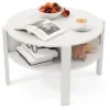 COSTWAY Rund Sofabord med 2 Niveauer og Opbevaring, 4 Hylder, Faux Træ Plade, Sidebord 74,5 x 74,5 x 45,5 cm