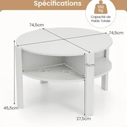 COSTWAY Rund Sofabord med 2 Niveauer og Opbevaring, 4 Hylder, Faux Træ Plade, Sidebord 74,5 x 74,5 x 45,5 cm