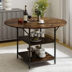 COSTWAY Rundt Spisebord 120 x 76 cm til 4-6 Personer med Åben Hylde i 2 Niveauer - Brun Metalramme