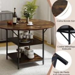 COSTWAY Rundt Spisebord 120 x 76 cm til 4-6 Personer med Åben Hylde i 2 Niveauer - Brun Metalramme