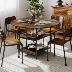 COSTWAY Rundt Spisebord 120 x 76 cm til 4-6 Personer med Åben Hylde i 2 Niveauer - Brun Metalramme