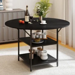 COSTWAY Rundt Spisebord 120 x 76 cm til 4-6 Personer med Åben Hylde i 2 Niveauer - Sort Metalramme