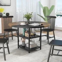 COSTWAY Rundt Træspisebord på 119 cm til 4-6 Personer - To-farvet Blockdesign, 2 Hylder & Metalben