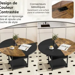 COSTWAY Rundt Træspisebord på 119 cm til 4-6 Personer - To-farvet Blockdesign, 2 Hylder & Metalben
