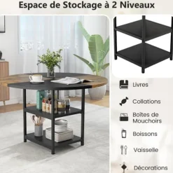 COSTWAY Rundt Træspisebord på 119 cm til 4-6 Personer - To-farvet Blockdesign, 2 Hylder & Metalben