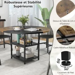 COSTWAY Rundt Træspisebord på 119 cm til 4-6 Personer - To-farvet Blockdesign, 2 Hylder & Metalben