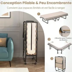 COSTWAY Sammenklappelig Seng til 1 Person med Hjul 90 x 200 CM, Sammenklappelig Gæsteseng, 10 CM Memory Skum Madras, 15 Latte Sengebund, Beige Svart och beige | Fyndiq