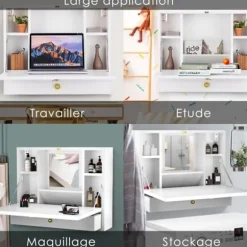 COSTWAY Sammenklappeligt Vægbord med Indbygget Opbevaringshylde i Hvid MDF
