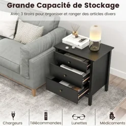 COSTWAY sengebord med 3 skuffer, 60,5 x 45,5 x 65,5 cm, sidebord til soveværelse, stue, kontor, sort