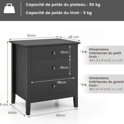 COSTWAY sengebord med 3 skuffer, 60,5 x 45,5 x 65,5 cm, sidebord til soveværelse, stue, kontor, sort