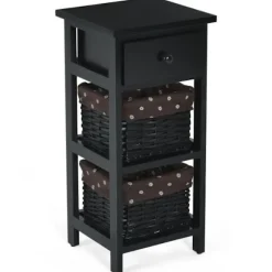 COSTWAY Sengebord Natbord med 1 skuffe og 2 aftagelige flettede kurve, Paulownia træstel Vintage Style Sort Svart