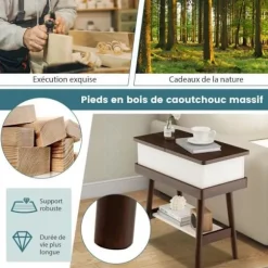COSTWAY sidebord med klapplade, ende af sofa med 2 niveauer L60 x D30 x H59 cm i træ