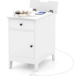 COSTWAY sidebord med ladestation - USB-porte og -stik, smalt sengebord med skuffe til stue, soveværelse, hvid