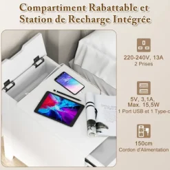COSTWAY sidebord med ladestation - USB-porte og -stik, smalt sengebord med skuffe til stue, soveværelse, hvid