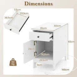 COSTWAY sidebord med ladestation - USB-porte og -stik, smalt sengebord med skuffe til stue, soveværelse, hvid