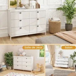 COSTWAY 6-skuffe kommode med glatte glideskinner, anti-tipsæt, til soveværelse, stue, 106 x 40 x 79 cm, hvid Vit