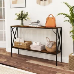 COSTWAY Smal Konsolbord i 2 Niveauer, Industriel Stil, Metalramme til Gang, Stue, Foyer, Rustik Brun