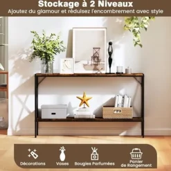 COSTWAY Smal Konsolbord i 2 Niveauer, Industriel Stil, Metalramme til Gang, Stue, Foyer, Rustik Brun