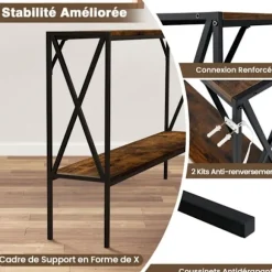 COSTWAY Smal Konsolbord i 2 Niveauer, Industriel Stil, Metalramme til Gang, Stue, Foyer, Rustik Brun